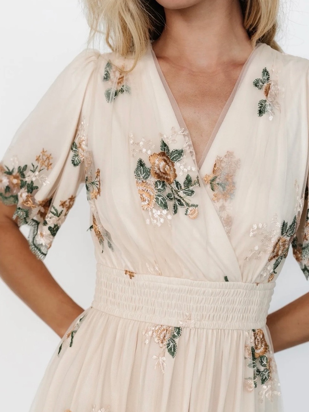 Shop Stevie Cream Floral Lace-Trim Midi Tulle Dress - Picture 3 of 9